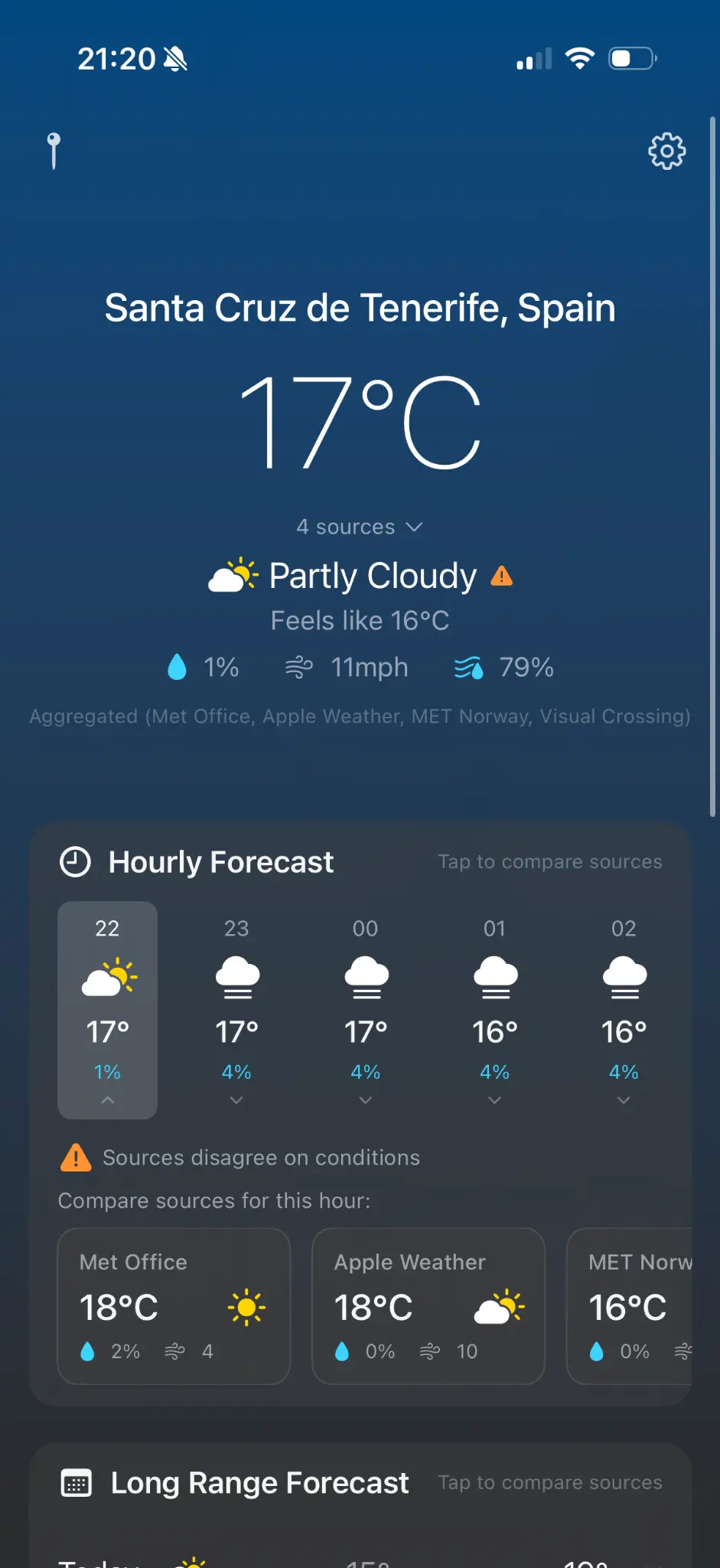 Weather source disagreement indicator